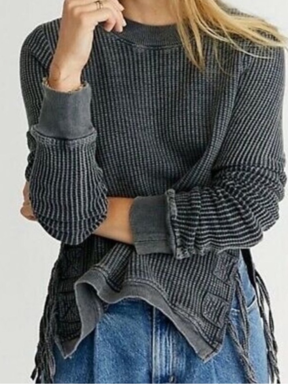 Free People Interlaken Cropped Waffle Knit Top Grey X-Small